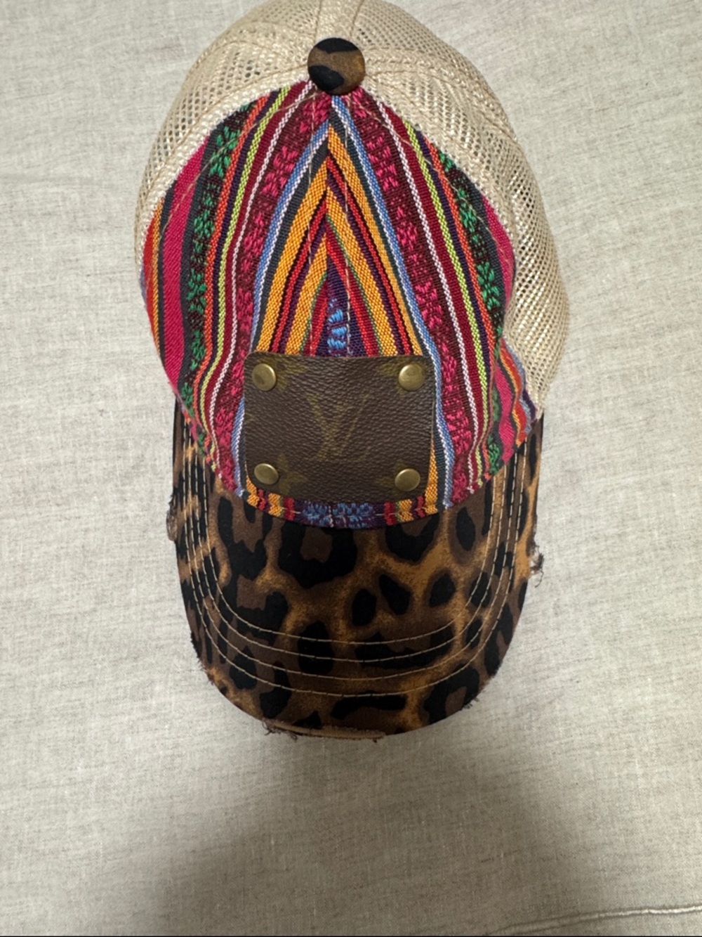 Louis Vuitton emblem Multicolor Striped & Leopard Accent Trucker Hat - Picture 5 of 6